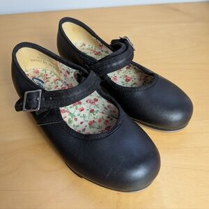 CAPEZIO Kid Tap Shoes Size 10 Leather Made In Brazil Black Color Velcro Closure